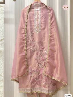 DEVRI - Rose Pink Shimmer Silk Embroidered Unstitched Kurta with Pant and Dupatta
