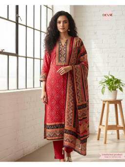 DEVRI - Red Pure Russian Silk Printed Hand Embroidered Unstitched Kurta with Pant and Dupatta