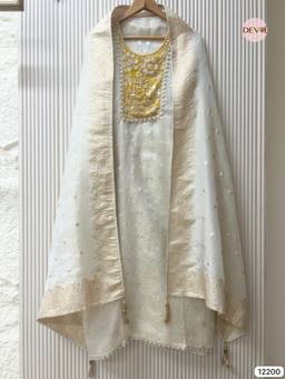DEVRI - Off White Pure Shimmer Silk Unstitched Kurta with Pant and Dupatta