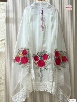 DEVRI - Ivory Glass Organza Embroidered Unstitched Kurta with Pant and Dupatta