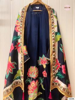 DEVRI - Navy Pure Glass Organza Printed Unstitched Kurta with Pant and Dupatta