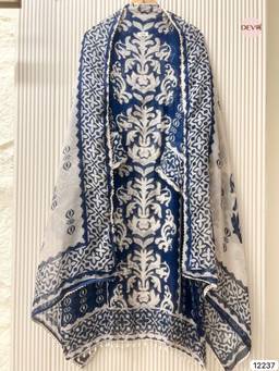 DEVRI - Navy Organza Printed Unstitched Kurta with Pant and Dupatta