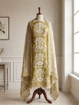 DEVRI - Olive Organza Printed Unstitched Kurta with Pant and Dupatta