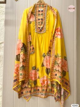 DEVRI - Yellow Pure Muslin Printed Unstitched Kurta with Pant and Dupatta