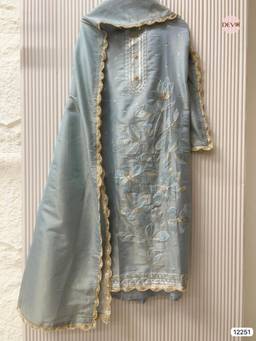 DEVRI - Green Shimmer Silk Embroidered Semi Stitched Kurta with Pant and Dupatta