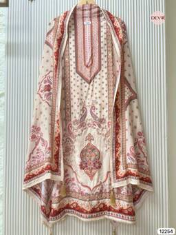 DEVRI - Beige Glass Organza Printed Unstitched Kurta with Pant and Dupatta