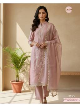 DEVRI - Rose Gold Shimmer Silk Embroidered Unstitched Kurta with Pant and Dupatta