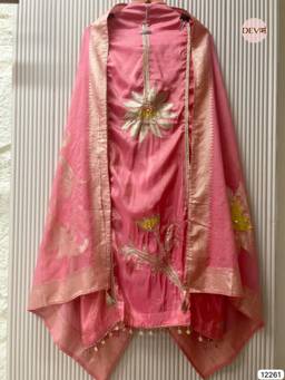 DEVRI - Pink Shimmer Silk Embroidered Unstitched Kurta with Pant and Dupatta