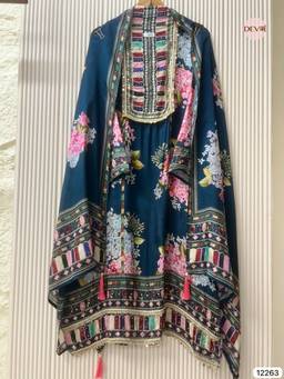 DEVRI - Teal Glass Organza Printed Unstitched Kurta with Pant and Dupatta