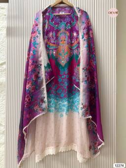 DEVRI - Multicolor Organza Embroidered Semi Stitched Kurta with Pant and Dupatta