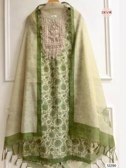 DEVRI - Green Tissue Silk Embroidered Unstitched Kurta with Pant and Dupatta