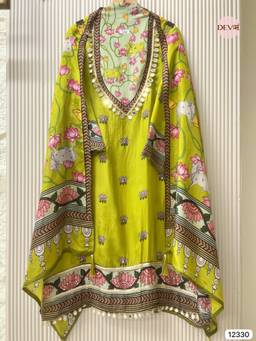 DEVRI - Lime Green Organza Silk Printed Unstitched Kurta with Pant and Dupatta