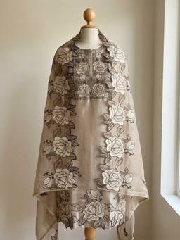 DEVRI - Beige Tissue Shimmer Embroidered Unstitched Kurta with Pant and Dupatta