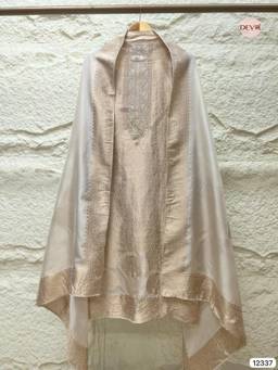 DEVRI - Beige Pure Banarasi Silk Embroidered Unstitched Kurta with Pant and Dupatta