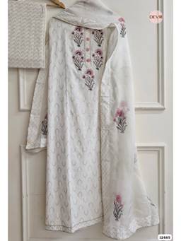 DEVRI - White Cotton Embroidered Unstitched Kurta with Pant and Dupatta