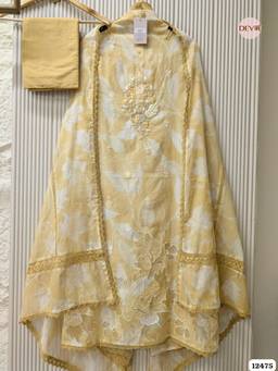 DEVRI - Mustard Soft Mul Chanderi Unstitched Kurta with Pant and Dupatta