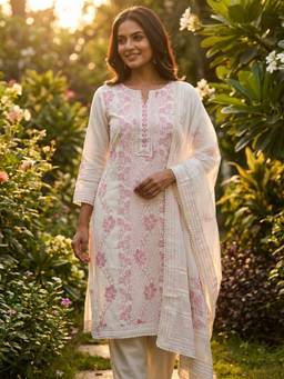 DEVRI - Pink and White Pure Cotton Embroidered Unstitched Kurta with Pant and Dupatta