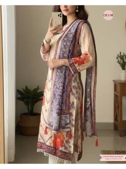 DEVRI - Purple and Cream Muslin Printed Unstitched Kurta with Pant and Dupatta