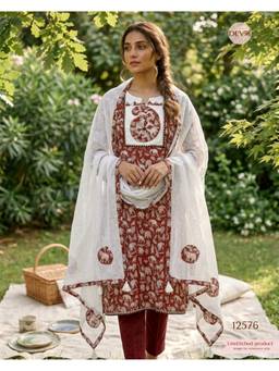 DEVRI - Maroon Cotton Animal Print Unstitched Kurta with Pant and Dupatta