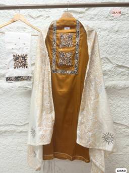DEVRI - Mustard Jam Cotton Embroidered Unstitched Kurta with Pant and Dupatta