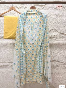 DEVRI - Yellow Cotton Semi-Stitched 3-Piece Suit Dress Material