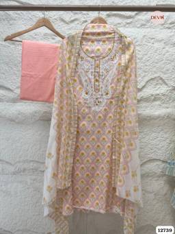 DEVRI - Peach Cotton Semi-Stitched 3-Piece Dress Material