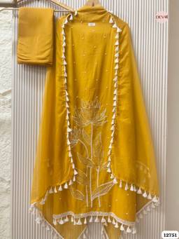 DEVRI - Yellow Mul Cotton Embroidered Unstitched Kurta with Pant and Dupatta