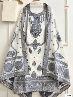 DEVRI - Off White Jamdani Cotton Semi-Stitched 3-Piece Dress Material