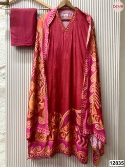 DEVRI - Maroon Muslin Printed Semi-Stitched 3-Piece Suit Dress Material