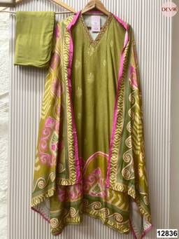 DEVRI - Olive Muslin Printed Semi-Stitched Kurta with Pant and Dupatta
