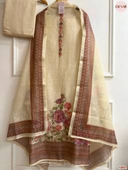 DEVRI - Cream Mul Chanderi Printed Unstitched Kurta with Pant and Dupatta