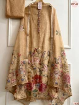 DEVRI - Beige Mul Chanderi Printed Unstitched Kurta with Pant and Dupatta