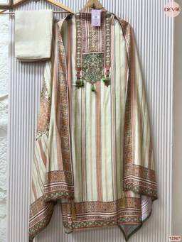 DEVRI - Cream Muslin Printed Unstitched Kurta with Pant and Dupatta
