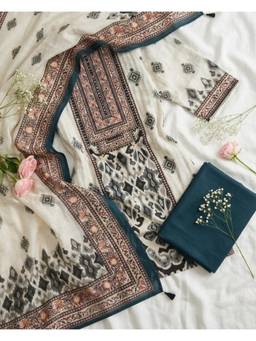 DEVRI - Off White Linen Cotton Printed Unstitched Kurta with Pant and Dupatta