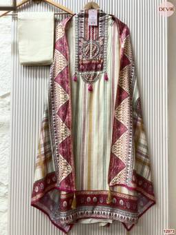 DEVRI - Cream Muslin Printed Unstitched Kurta with Pant and Dupatta
