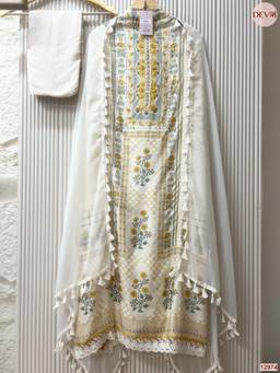 DEVRI - Off White Muslin Printed Unstitched Kurta with Pant and Dupatta
