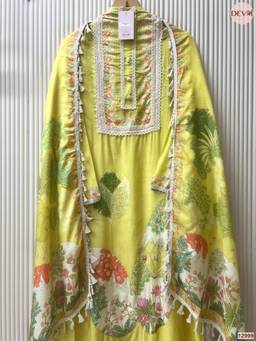 DEVRI - Yellow Muslin Printed Unstitched Kurta with Pant and Dupatta