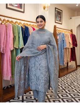 DEVRI - Grey Roman Silk Embroidered Unstitched Kurta with Pant and Dupatta
