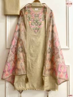 DEVRI - Beige Cotton Handloom Embroidered Unstitched Kurta with Pant and Dupatta