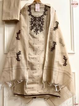 DEVRI - Beige Cotton Handloom Embroidered Unstitched Kurta with Pant and Dupatta