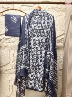 DEVRI - Navy Cotton Printed Unstitched Kurta with Pant and Dupatta