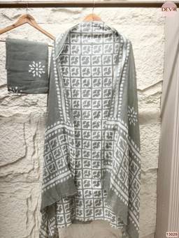 DEVRI - Grey Cotton Printed Unstitched Kurta with Pant and Dupatta