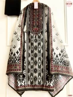 DEVRI - Black Linen Cotton Printed Unstitched Kurta with Pant and Dupatta