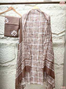 DEVRI - Brown Cotton Printed Unstitched Kurta with Pant and Dupatta