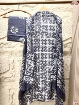 DEVRI - Blue Cotton Printed Unstitched Kurta with Pant and Dupatta