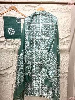 DEVRI - Green Cotton Printed Unstitched Kurta with Pant and Dupatta