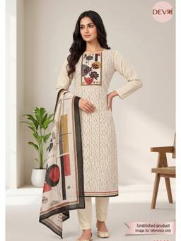 DEVRI - Beige Linen Cotton Printed Unstitched Kurta with Pant and Dupatta