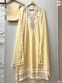 DEVRI - Yellow Mul Cotton Hand Unstitched Kurta with Pant and Dupatta
