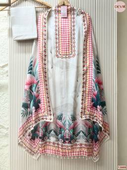 DEVRI - White Muslin Printed Unstitched Kurta with Pant and Dupatta