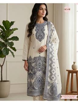 DEVRI - Off White Jamdani Cotton Printed Unstitched Kurta with Pant and Dupatta